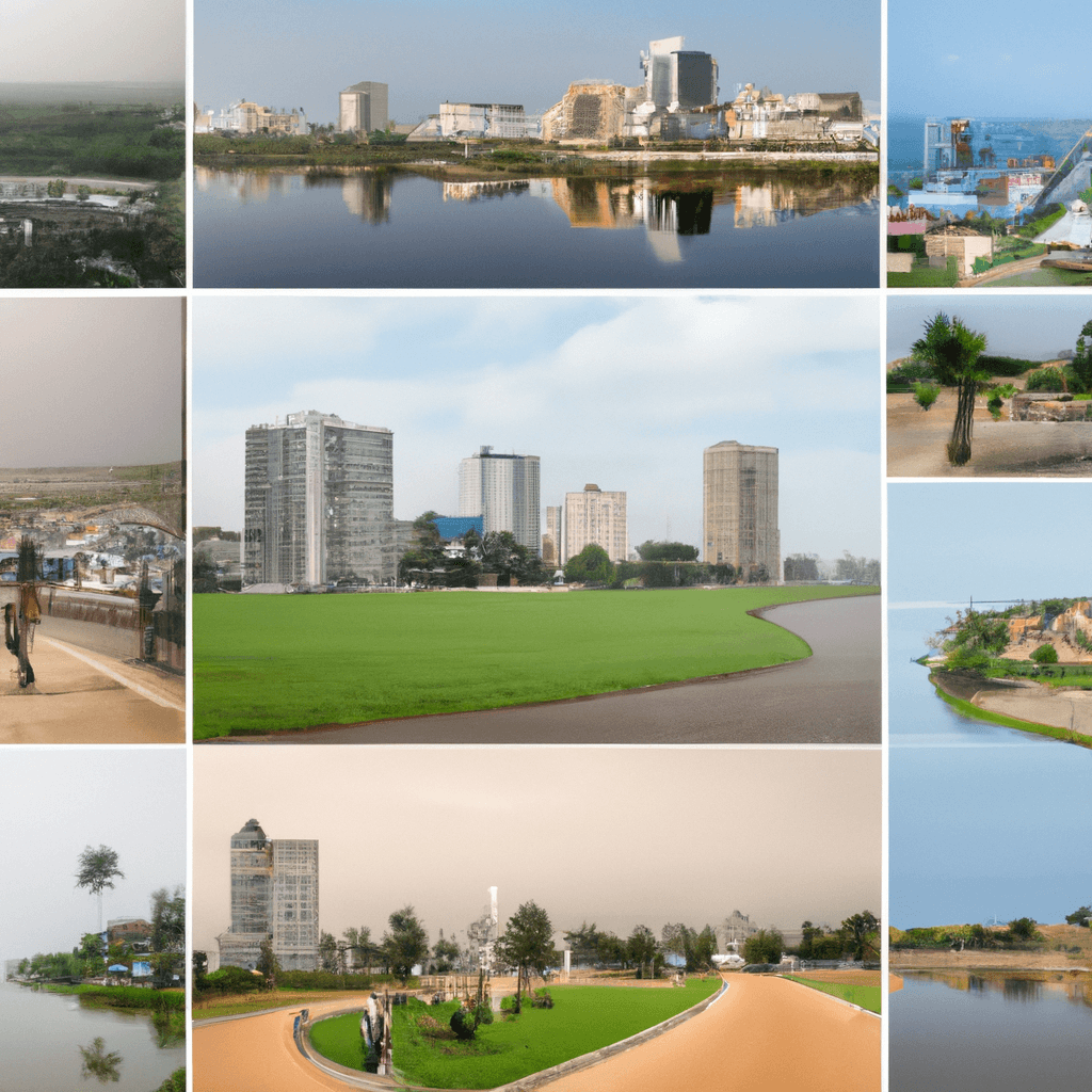I want a collage of Brazzaville as a beautiful city. The collage should have servers at the restaurant, cleaners, more pictures of the beauty of Brazzaville and pictures of people interacting well.