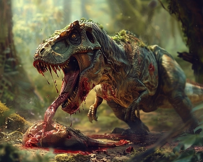 Create a picture of  dinosaur eating meat

