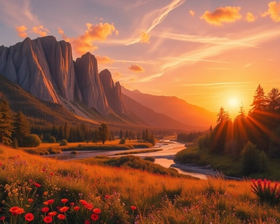 a beautiful landscape scene, golden hour photography, warm sunset light, soft golden glow, magic hour, beautiful natural lighting, highly detailed, rich textures, intricate details