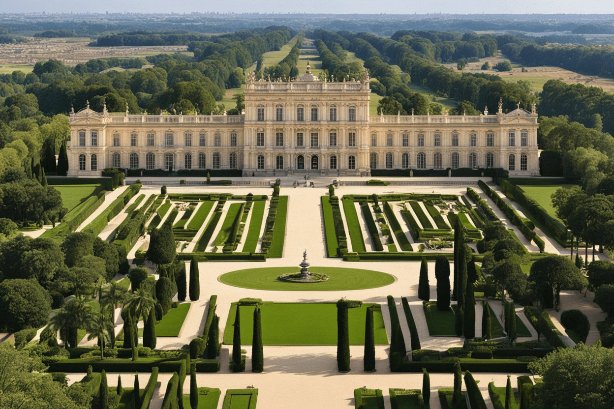 a picture of a barocco palace surrounded by a French park