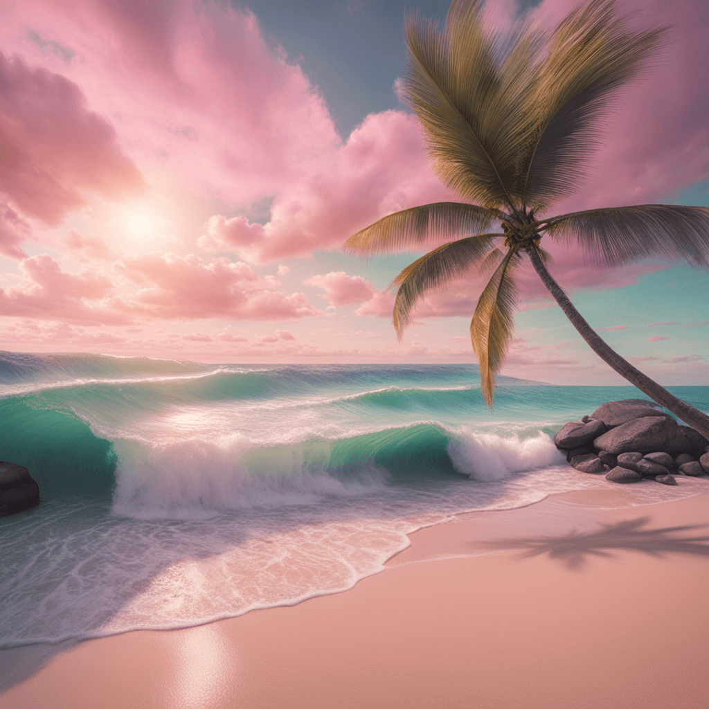 a picture of a surreal tropical beach, painted in a dream-like pastel style, captured with a wide-angle lens, in 4K resolution.