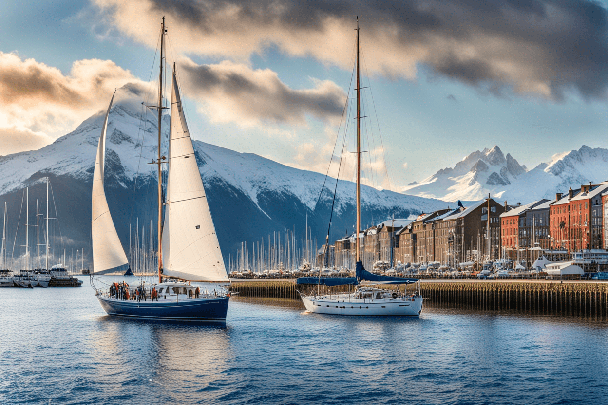 A big sailboat in a harbour with a mountain backdrop with a snowy top and sunshine. People are walking around.