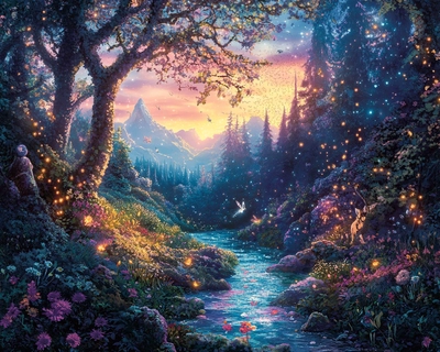 Puzzle Description:
Title: Enchanted Forest Serenity

Image Theme: The puzzle features a breathtaking scene of an enchanted forest at twilight. Towering trees with luminous, bioluminescent leaves stretch towards the sky, casting a soft, ethereal glow.

Foreground: In the foreground, a winding, crystal-clear stream meanders through the vibrant underbrush. Small, whimsical creatures—like fairies and woodland animals—are peeking out from behind colorful mushrooms and wildflowers, adding a touch of magic.

Background: The background is filled with a gradient of twilight colors—deep purples, blues, and soft pinks blending into a starry night sky. Silhouetted against the sky are majestic mountains, their peaks dusted with snow. only 30 pieces.
