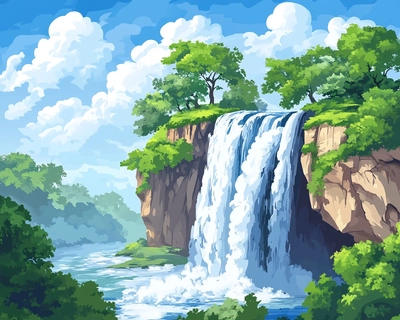 a picture of green landscape with falls and river and blue sky (cartoon hd)