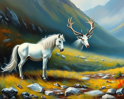 White unicorn and stag in Scottish glen, oil painting style, rich thick brushstrokes, classical fine art, museum quality oil on canvas, vibrant bright lighting, saturated vivid colors, highly detailed, rich textures, intricate details