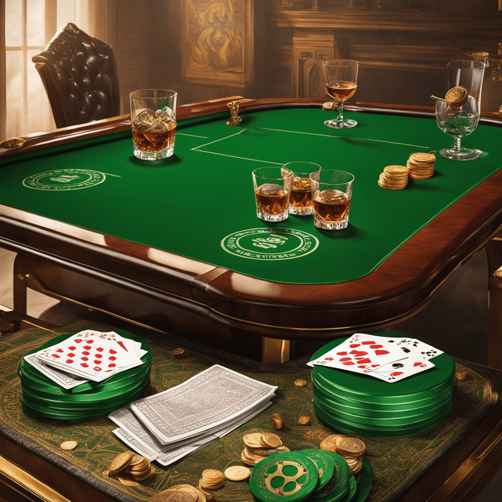 Portrait photo of a vibrant scene showcasing a green poker table. On the table, there's a rolled-up architectural sketch, two thin gold bars, and a glass of whiskey with amber liquid inside. Several poker chips are mid-air, spinning as if thrown. The ambiance of the scene is lively and dynamic