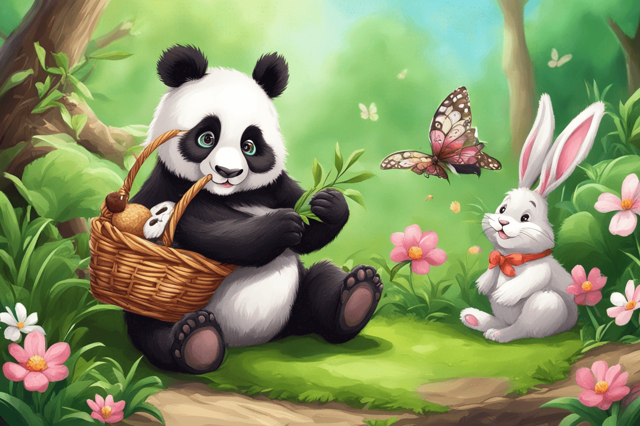 sweet panda with bunny in the spring park