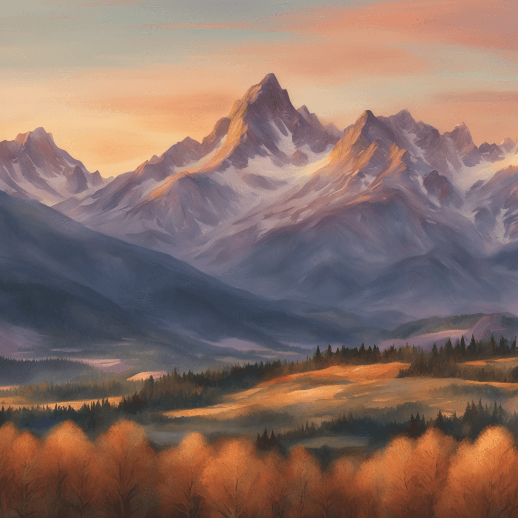a picture of a majestic mountain range in the sunset, with a soft, dreamy watercolor effect. Captured with a telephoto lens and 4K resolution, inspired by the art of Vincent Van Gogh.