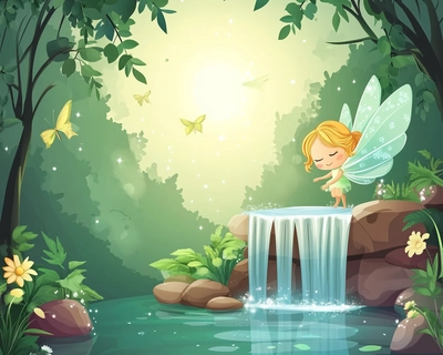 cartoon fairy with wings in a magical forest near a waterfall