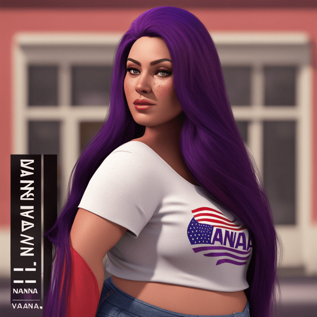 "Create a 4D render of a beautiful American woman with a plus-size figure, fair skin, long black hair, and freckles. Incorporate red and purple tones into the name 'Nana' in the text. The final output should be a realistic 4K-ready image suitable for printing.