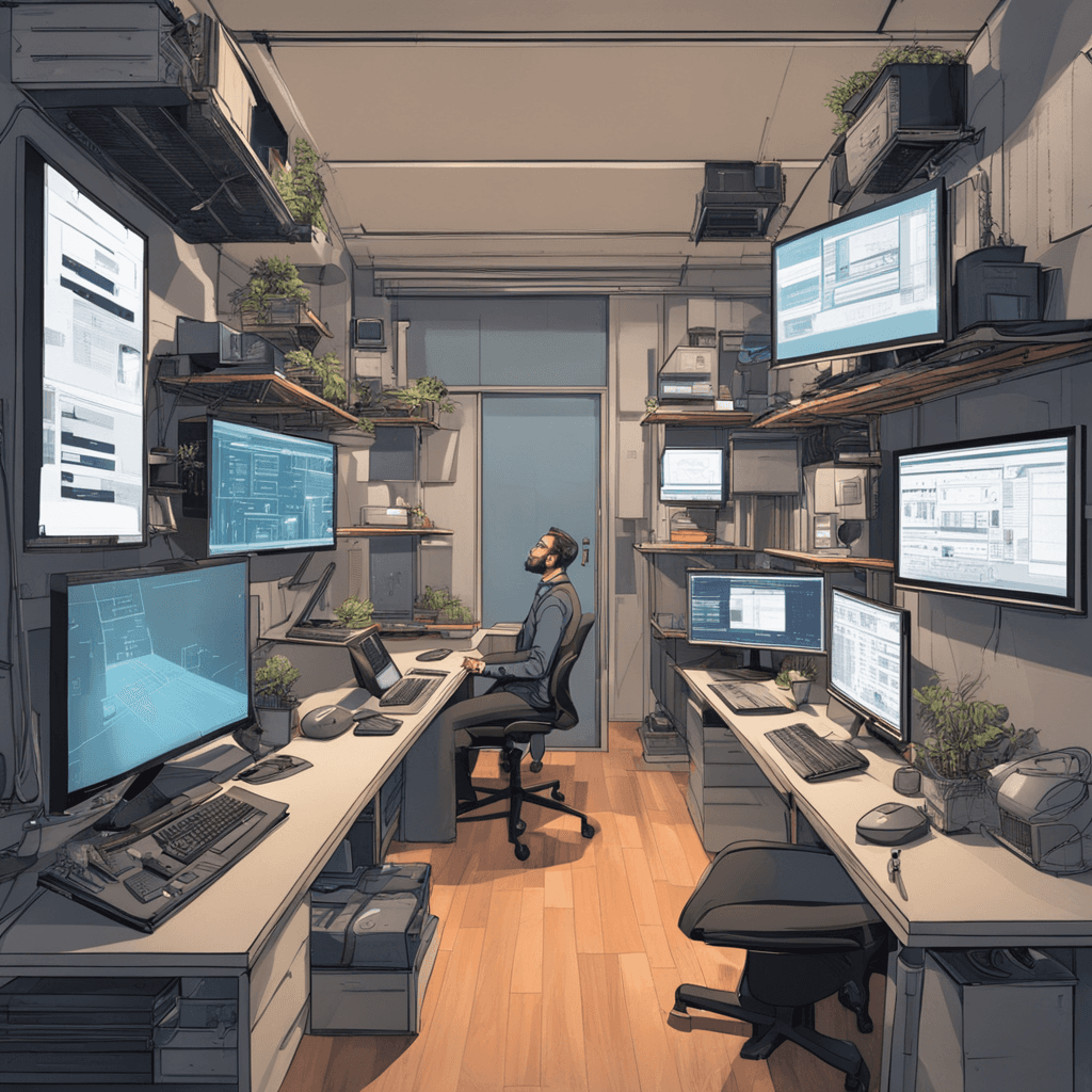 Design of an urban apartment of a programmer of the future with floating objects, multiple monitors, servers