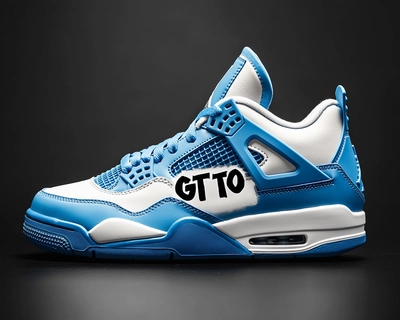 A pic of a jordan 4 unc blue that says GTTO on the side in old english font