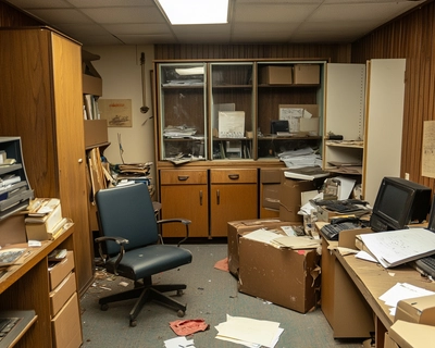 A small storage room with chairs and two large cupboards, one with glass doors. Office equipment is scattered around and it looks messy. There is a one small window that let's in very little light. 