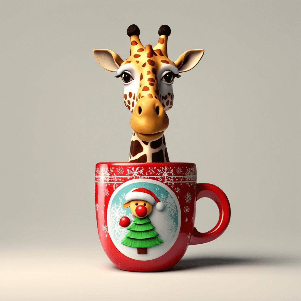 Christmas giraffe sipping hot chocolate from a Christmas themed mug 
 kid friendly vibrant 3d generated