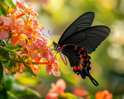 butterfly plays between flowers
