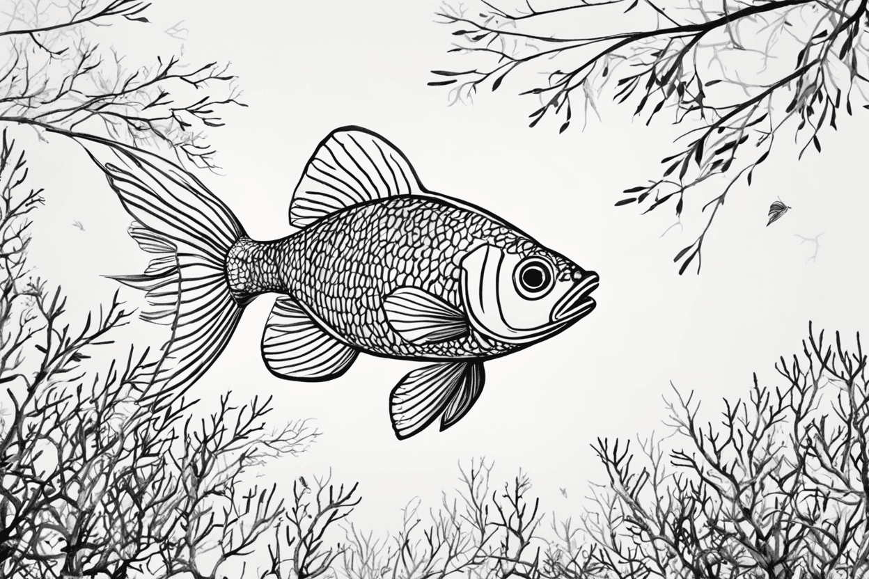Generate an easy-to-identify black-and-white picture of a small fish hidden between branches.