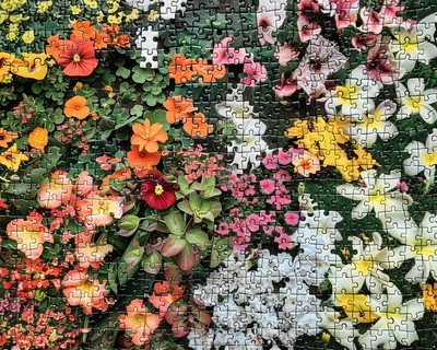 A picture of a flower garden with jigsaw pieces defined but 5 jigsaw pieces missing and denote those missing pieces in white