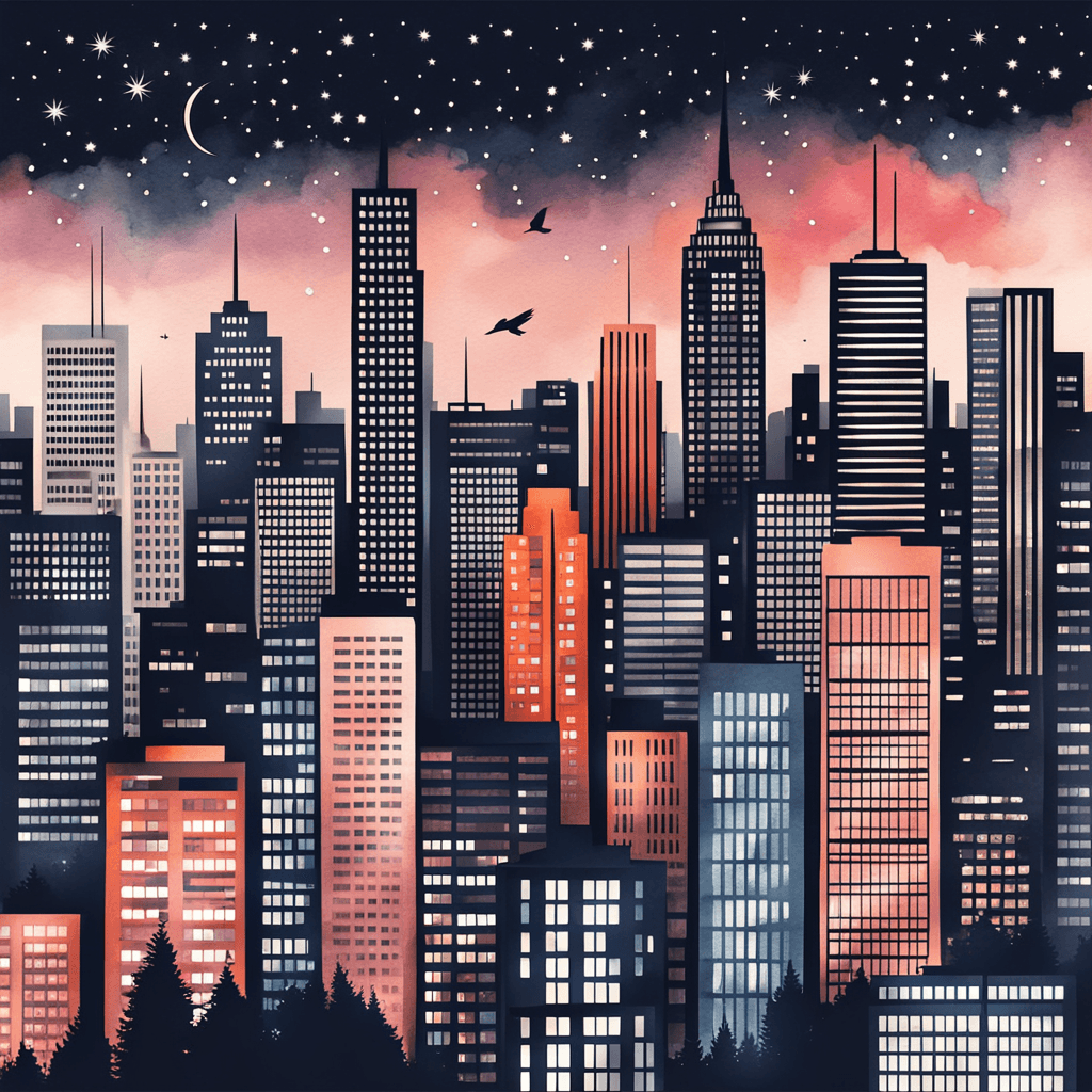 a picture of an iconic city skyline. Aesthetic minimalist landscape with tall buildings, lights and stars. Watercolor and paper textured print, vector posters. Illustration, travel art minimal scene, birds eye view.