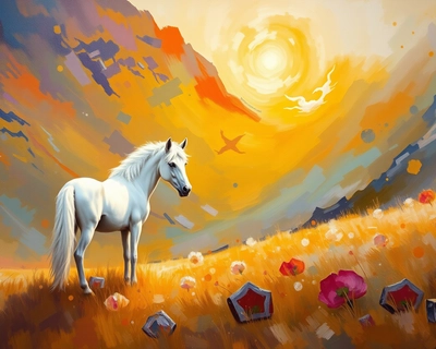 White unicorn and stag in Scottish glen, oil painting style, rich thick brushstrokes, classical fine art, museum quality oil on canvas, vibrant bright lighting, saturated vivid colors, highly detailed, rich textures, intricate details, impressionist painting style, visible brushstrokes, light and color emphasis, Monet-inspired, vibrant bright lighting, saturated vivid colors, highly detailed, rich textures, intricate details