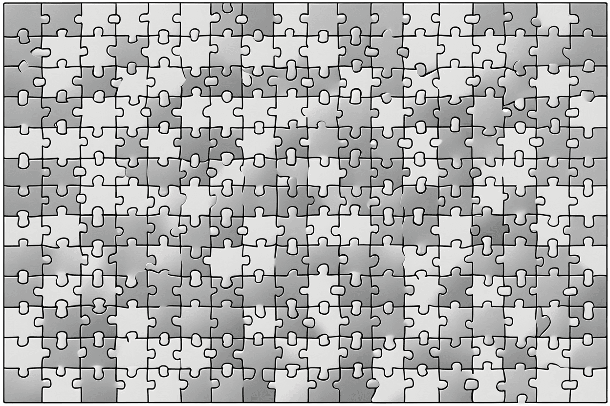 Create a detailed blank jigsaw puzzle template with 100 pieces. Each piece should be roughly the same size to ensure uniformity. The puzzle design must have no background, just the outlines of the pieces which should fit together seamlessly with no visible gaps. Every piece must have a closed outline for individual piece recognition. The shapes should vary and include a select few that are uniquely dog-related, like bones or paw prints, but still maintain the interlocking nature of a jigsaw puzzle. The completed puzzle should resemble a cohesive singular piece, ready for printing and crafting use.