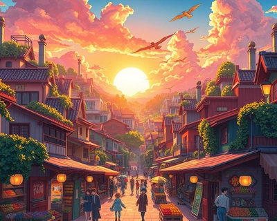 a vibrant city scene, anime art style, Studio Ghibli inspired, beautiful anime illustration, detailed anime scenery, highly detailed, rich textures, intricate details