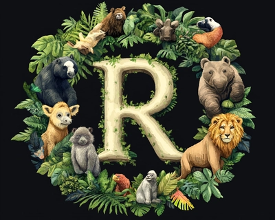 the name Rosie in the middle with animals and other pictures that start with the letter R around it