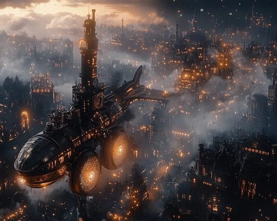 steampunk revolution, (industrial landscape), intricate gears and machinery, dramatic clouds, futuristic airships soaring above, copper and brass tones, vintage fashion with goggles, gritty but hopeful ambiance, bustling streets filled with inventors and artisans, warm glowing lights, intricate details showcasing the blend of past and future, ultra-detailed, 4K quality.