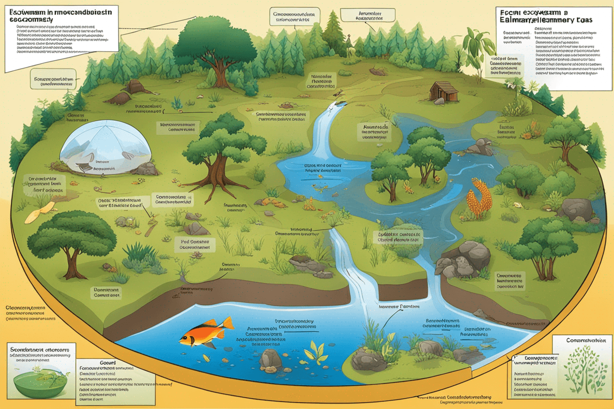 A picture of an ecosystem and its components for elementary