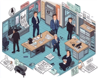 Creëer een gedetailleerde illustratie in de klassieke Wasgij-stijl met een perfecte balans tussen chaos en humor, die het mysterie van een bedrijfsbeveiligingsincident onthult.
Het speelt zich af in een kantoortuin

Voorgrondscène:

Een nerveuze bezoeker bij de receptie
Gescheurde bezoekersbadge
Omgevallen koffiekop met gemorste vloeistof over documenten
Verbouwereerde receptionist
Half open deur naar vergaderkamer
Schuin hangende beveiligingscamera
Achtergrondscène (wat er echt aan het gebeuren is):

Chaotische kantooromgeving met:
Medewerkers die panisch documenten verzamelen
Security Officer die wordt gebeld
IT-medewerker die apparaten controleert
Mensen die snel vertrouwelijke documenten opbergen
Fotograaf die wordt weggestuurd
Medewerkers die de bezoeker helpen
Technische specificaties:

Gedetailleerde, cartoonachtige stijl
Overdreven gezichtsuitdrukkingen
Veel kleine, grappige details
Isometrisch perspectief
Warme, maar neutrale kleurenpalet
Lijnen vol beweging en dynamiek
Minimaal 100 unieke personages en elementen
Stijlverwijzingen:

Mike Wilks' gedetailleerde illustratiestijl
Klassieke 'Waar is Wally/Wasgij' tekeningen
Overdreven expressieve karaktertekeningen
Extra aandachtspunten:

Subtiele verwijzingen naar bedrijfsbeveiliging
Meerdere verhaallagen in de illustratie
Mogelijkheid tot meerdere keren bekijken
Balans tussen humor en realisme

Het moet op een kantoor van de nederlandse overheid lijken
https://www.iolan.com/cache/30bb5a1b05da37ed3e09ea42aa354df6/pf-rijkspas-blauw.png
