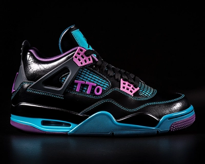 A jordan 4 that is black blue and purple that says G.T.T.O in old english font