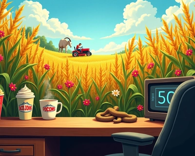 cartoon themed cornfield and flowers background with a tractor, a small desk, snake under desk, a coffee cup with scooters logo with foam on top, taco johns logo in the background, microwave with :30 seconds on the timer, boer goat in the back, Minnesota twins logo popcorn bucket, riding lawnmower, impressionist painting style, visible brushstrokes, light and color emphasis, Monet-inspired, vibrant bright lighting, saturated vivid colors, highly detailed, rich textures, intricate details