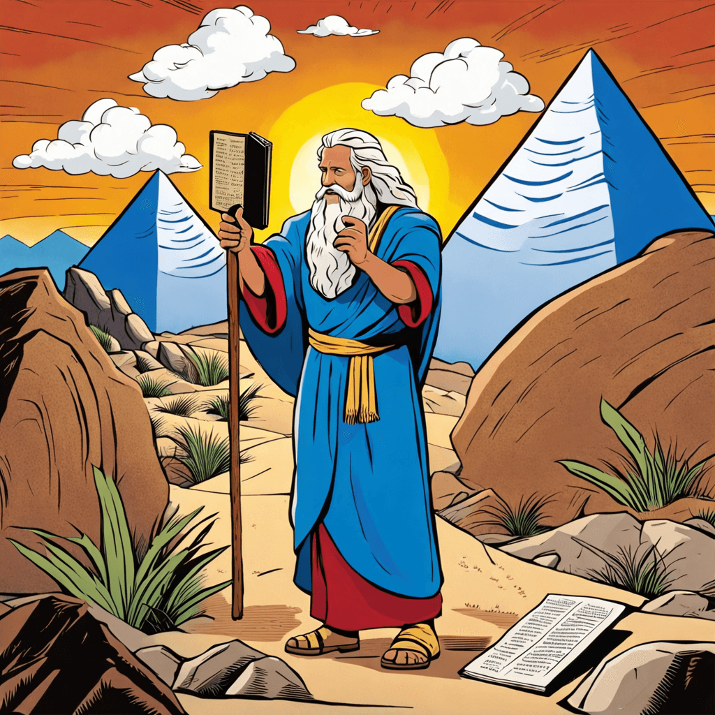 Create a puzzle of moses from the bible when he went into the mountains to talk with God and there he received the ten commandments. Add a bright light in the sky showing where God is. And show Moses holding a tablet of clay, with amazement from his face