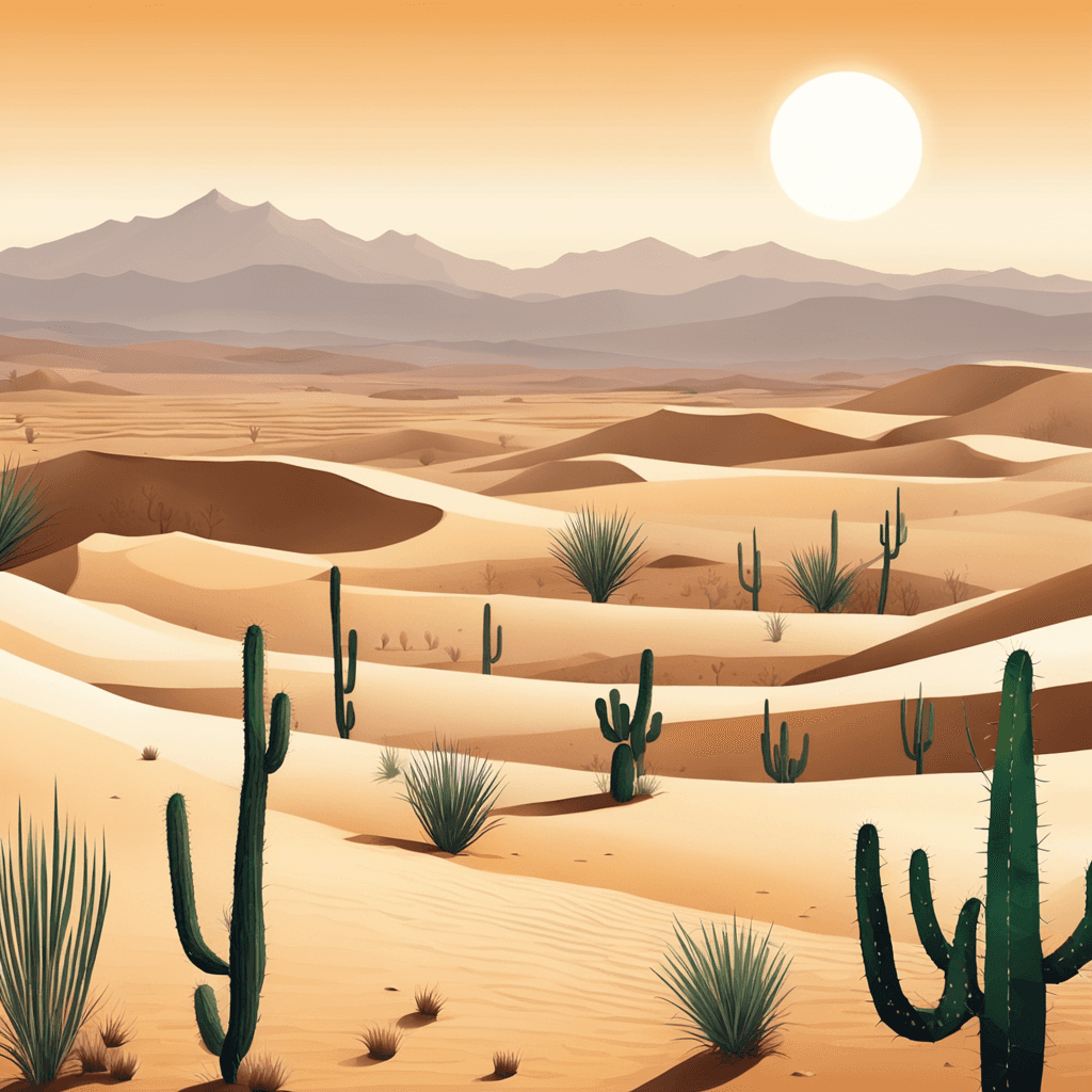 a picture of a majestic desert landscape. Aesthetic minimalist desert landscape with sand dunes, cacti, and a setting sun. Watercolor and paper textured print, vector posters. Illustration, travel art minimal scene, birds eye view. 4K resolution, wide-angle lens.