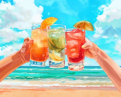 3-4 hands cheering drinks on a summer day at the beach.