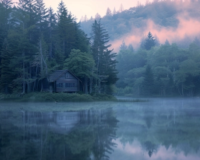 A serene lakeside scene at dawn with a small wooden cabin nestled among tall pine trees, enveloped in a soft morning mist. The calm water reflects the pastel colors of the sunrise, creating a mirror-like effect. The image should be in the style of traditional Japanese watercolor painting, evoking a sense of tranquility and harmony with nature. Use a wide-angle lens to capture the expansive beauty of the landscape and the delicate details of the foliage and water reflections.