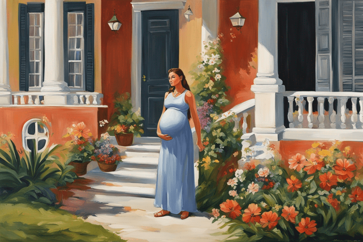A painting of a beautiful woman who is pregnant en she is standig in front of nice house with her husband