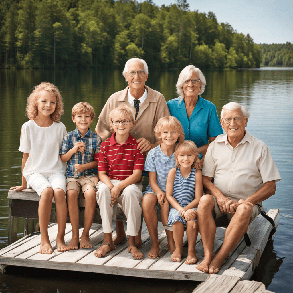 I would like grandparents at the lake on a dock and boat with their three grandkids. Grandpa and Grandma have glasses. Grandma has a blonde short haircut. Grandpa has auburn hair with no beard. There is a seven year old blonde boy with no glasses, a five year old blonde girl with no glasses, and a four year old red curly long haired girl with no glasses.