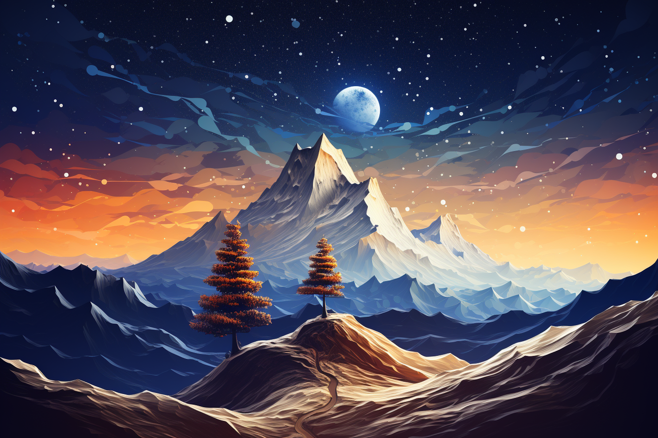 a picture of a surrealistic mountain landscape with snow-capped peaks, a single tree, and a bright starry night sky. Watercolor and paper textured print, vector posters. Illustration, travel art minimal scene, wide angle lens, 4K resolution.