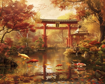 A serene Japanese garden during autumn, featuring a traditional red torii gate, a koi pond with vibrant fish, and maple trees with leaves in shades of orange, red, and yellow. The garden is bathed in soft, golden sunlight, creating a tranquil and peaceful atmosphere. The art style should be inspired by the delicate and detailed works of Katsushika Hokusai, with a focus on capturing the intricate beauty of nature. Use a wide-angle lens to encompass the entire scene, ensuring a balanced composition that highlights the harmony of the garden.