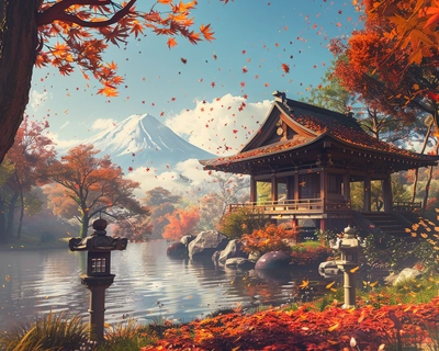 A serene Japanese garden during autumn, with vibrant red and orange maple leaves gently falling around a traditional wooden tea house. The scene is captured in the style of Studio Ghibli, with soft, whimsical details and a warm, inviting color palette. The image is taken with a wide-angle lens to encompass the tranquil pond, stone lanterns, and the distant view of Mount Fuji under a clear blue sky.