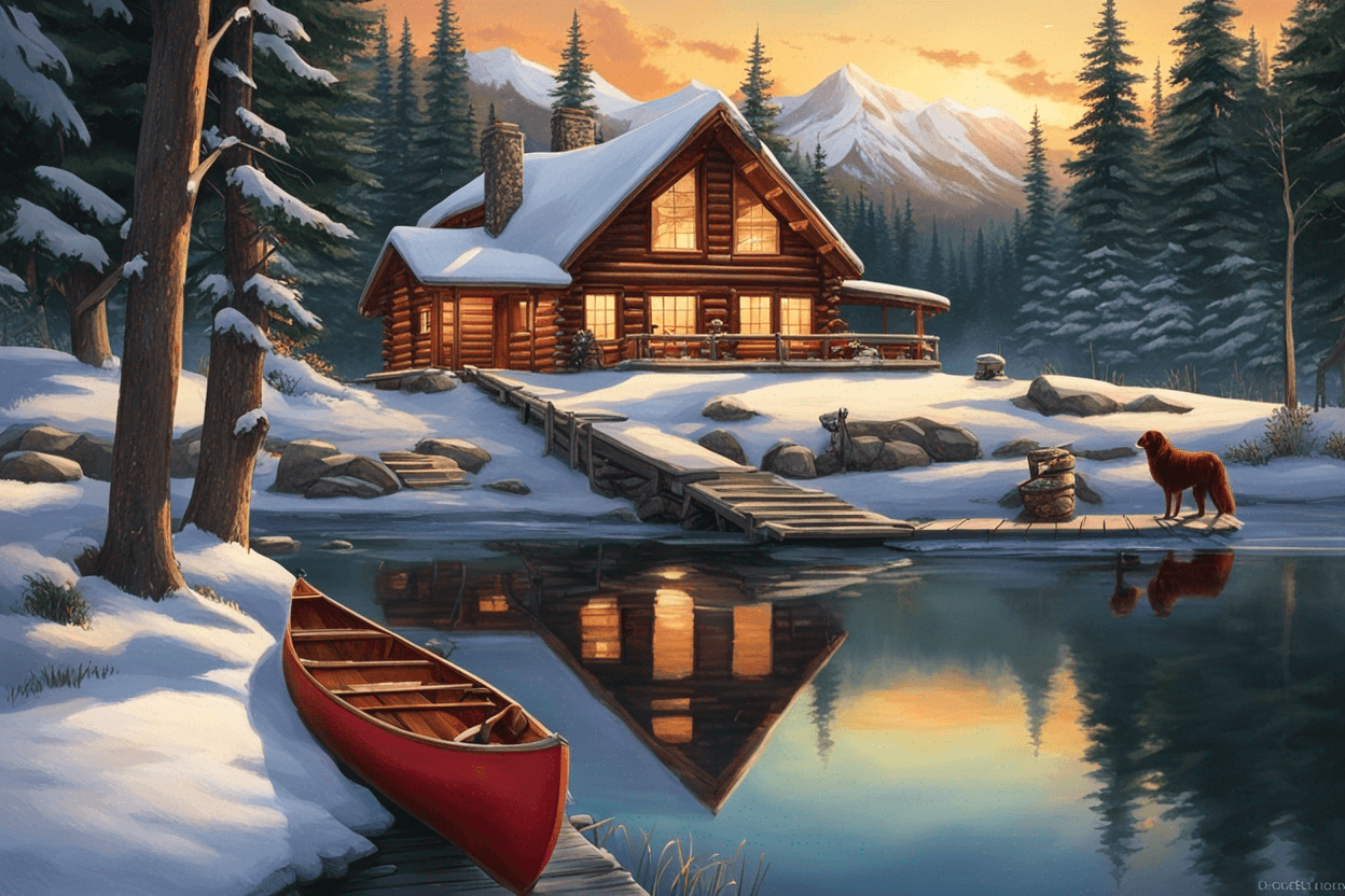 a snow capped mountain  background with sun setting,  a log cabin in th foreground nestled at a 45 degree angle in the trees, front porch on the cabin , warm light shining from the windows, a peaceful stream and wooden  dock are in front of the cabin, a  red canoe is tied to the dock, on the dock is an irish setter dog watching two grazing deer on the opposite side of the river ,  drawn in the style of artist Terry Redlin