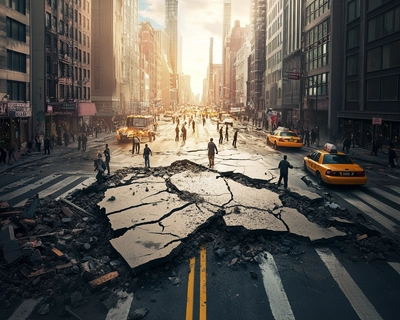 a picture of an earthquake with cracked roads and collapsing buildings, people in panic