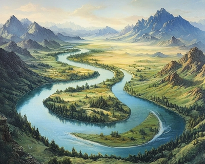 Create an image of a river flowing from its source in the mountains (upper course), through valleys and plains (middle course), to its mouth at the sea or lake (lower course). A picture of stages of river ,source,spur,rapids,gorges,canyon,meander,oxbow lake ,mouth,delta,estuary 