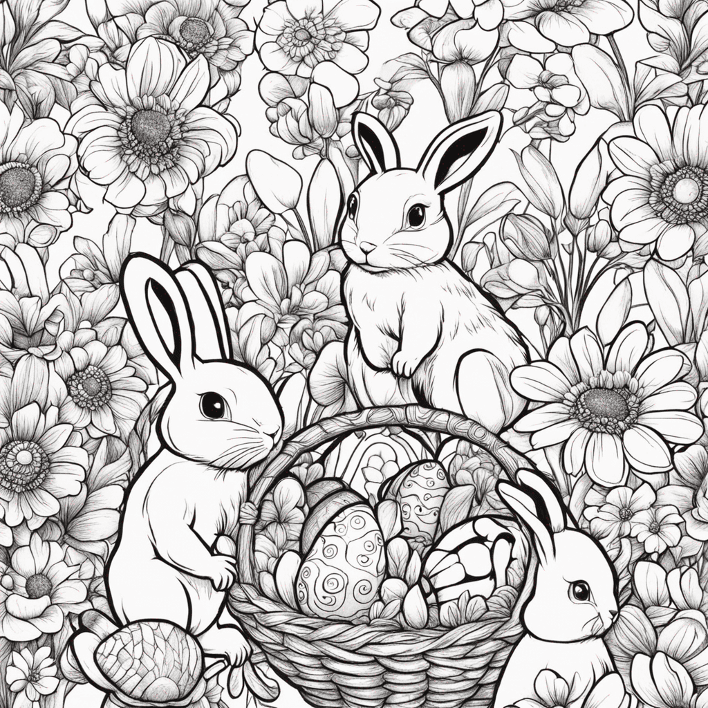 I would like a cartoon image, no shading, of Easter with eggs, bunnies, birds, and flowers so that it can be coloured in by children
