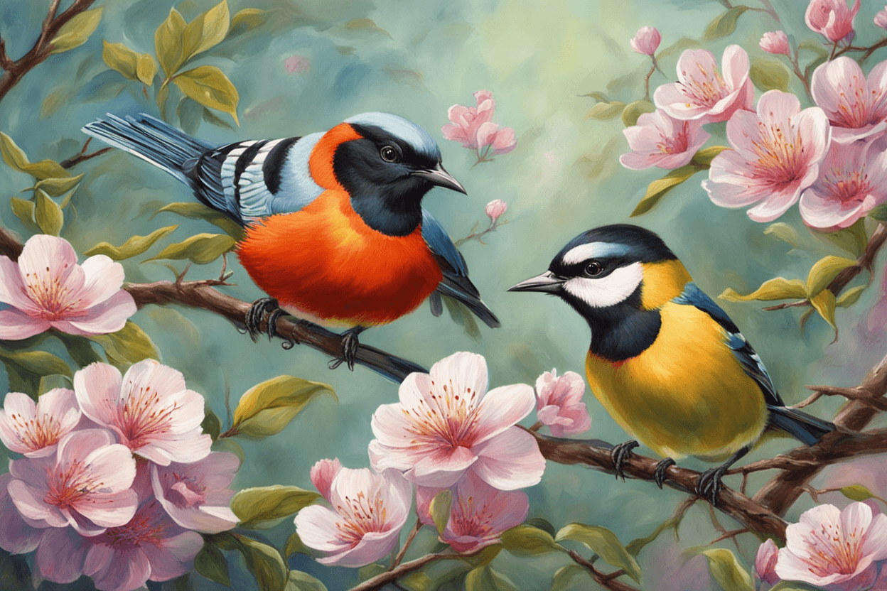 a painting of 2 birds in a spring scene
