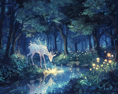 A serene, moonlit night in a dense, enchanted forest illustrated in the style of Studio Ghibli, with tall, ancient trees adorned with softly glowing, magical flowers. A gentle stream winds through the scene, reflecting the shimmering moonlight. In the center, a mythical creature resembling a deer with ethereal, translucent wings gracefully drinks from the stream. The atmosphere is calm and whimsical, capturing the essence of a magical, fairytale-like wonderland. Use a wide-angle lens to fully embrace the enchanting environment.