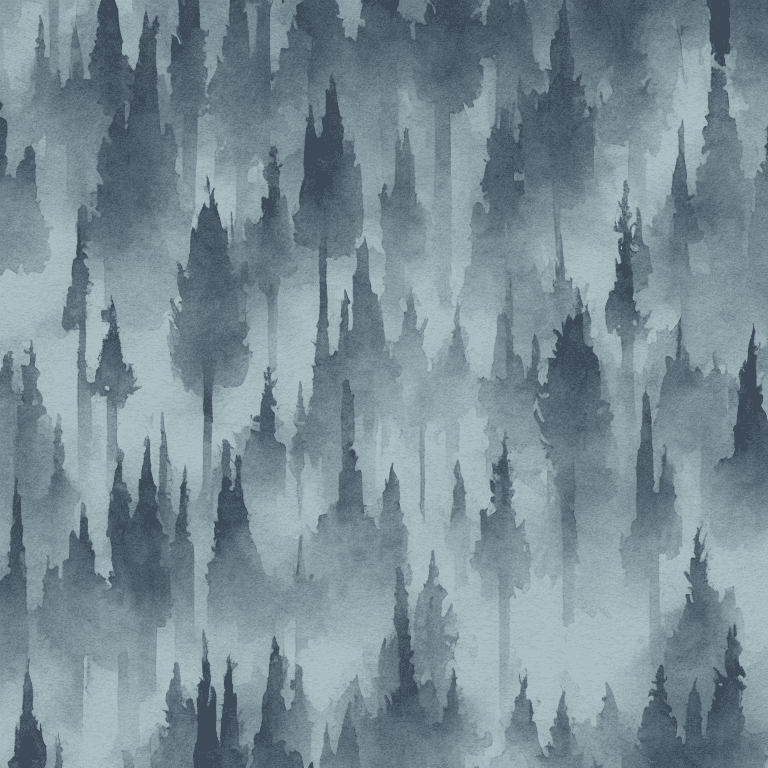 a picture of a mysterious dark forest. Aesthetic minimalist landscape with tall trees, fog and moonlight. Watercolor and paper textured print, vector posters. Illustration, travel art minimal scene, birds eye view.