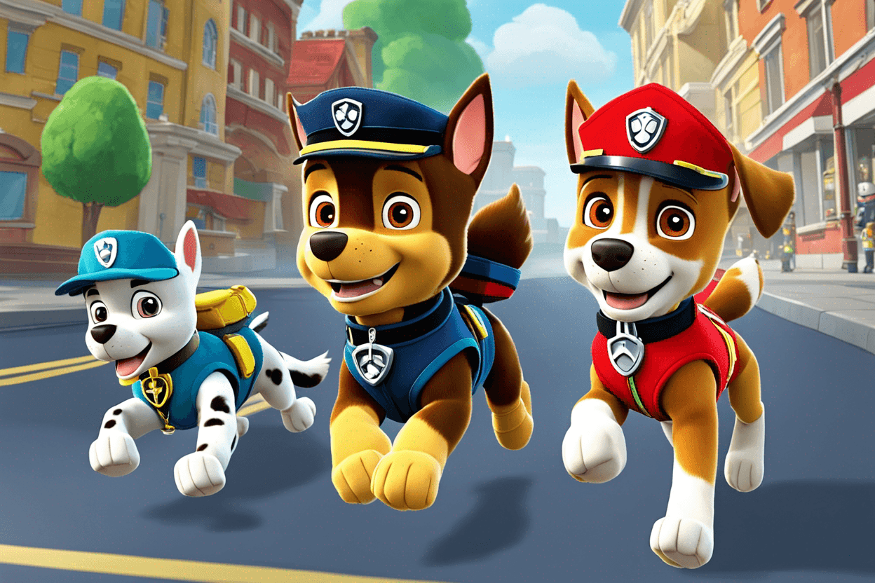 a picture of sky in paw patrol chasing an thief after an bank robbery
