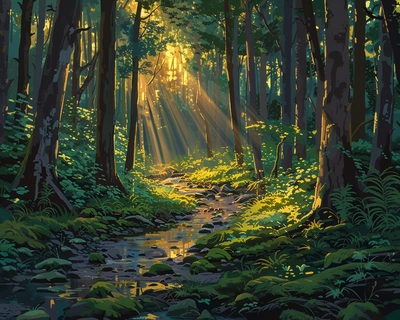 A serene forest scene at dawn, with rays of sunlight piercing through the dense canopy of ancient trees, casting a golden glow on the forest floor covered in a lush carpet of moss and ferns. In the center, a small, clear stream winds its way through the landscape, reflecting the soft light. The art style should be reminiscent of the detailed and vibrant landscapes of Studio Ghibli films, with a slightly dreamy, ethereal quality. Use a wide-angle lens to capture the vastness and depth of the forest, emphasizing the height of the trees and the expanse of the foliage.