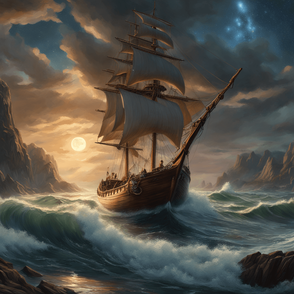 a picture of a real photographic landscape painting with incomparable reality. Super wide lens, ominous sky, sailing boat, wooden boat, lotus, huge waves, starry night, Harry Potter, volumetric lighting, clearing, realistic, James Gurney, Artstation, 4K resolution.